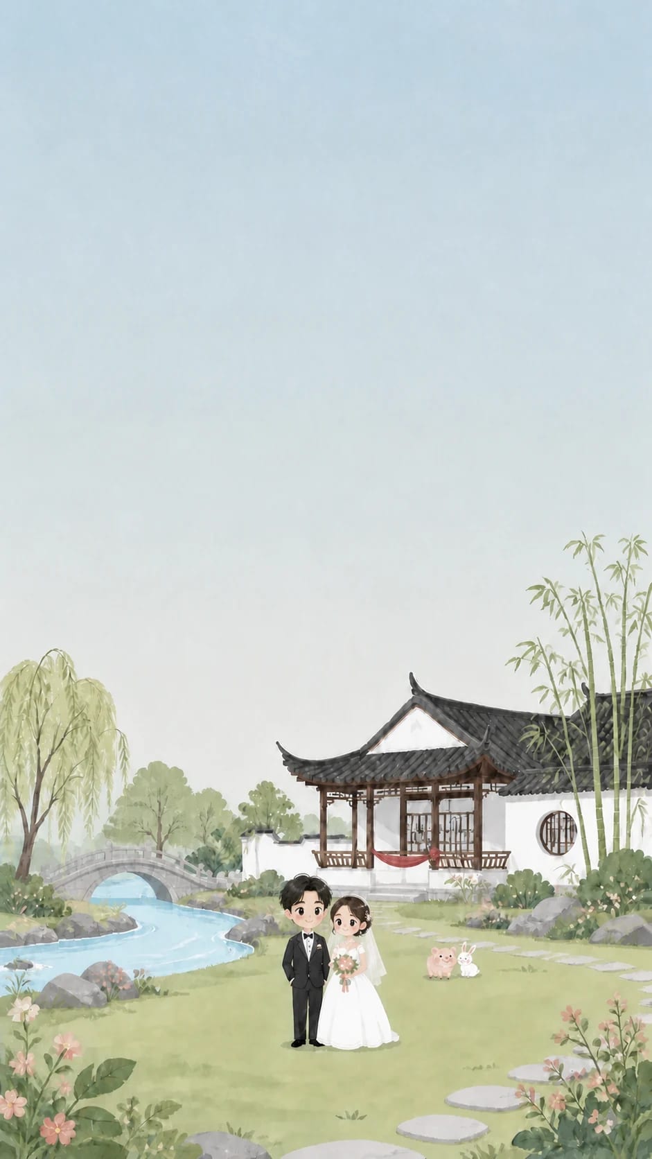 蓝天白云下的简洁江南婚礼插画，小小的新郎新娘与可爱的小猪小兔陪伴在房子、花草和小河间